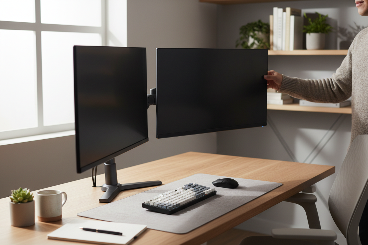Person adjusting dual monitor stand arm angle at home office desk