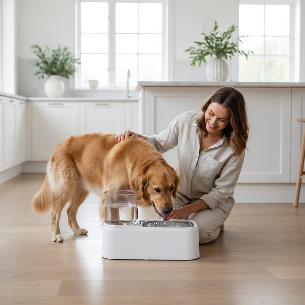 Happy dog drinking from self-filling automatic pet water bowl