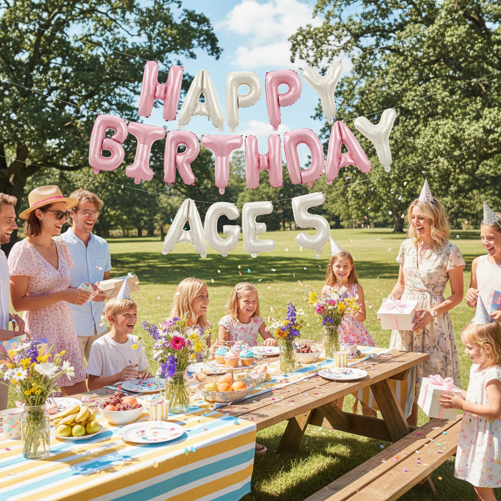 Pink and milky white foil letter balloons at outdoor summer birthday party