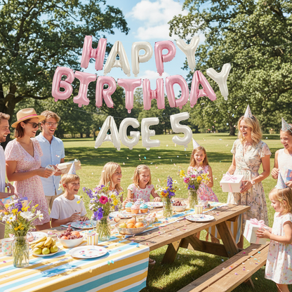 Pink and milky white foil letter balloons at outdoor summer birthday party