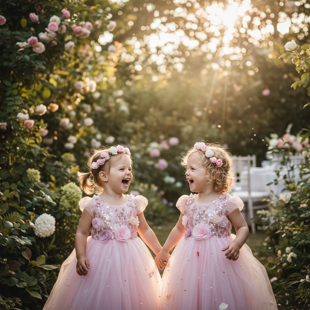 Two toddler girls in matching pink flower dresses at outdoor garden party