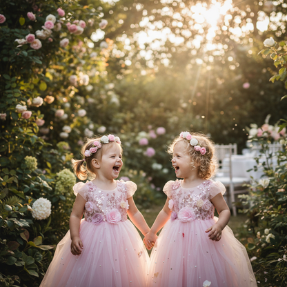 Two toddler girls in matching pink flower dresses at outdoor garden party