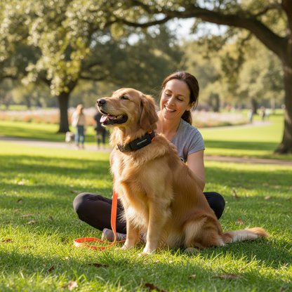 Happy dog wearing waterproof remote training collar sitting obediently in sunny park