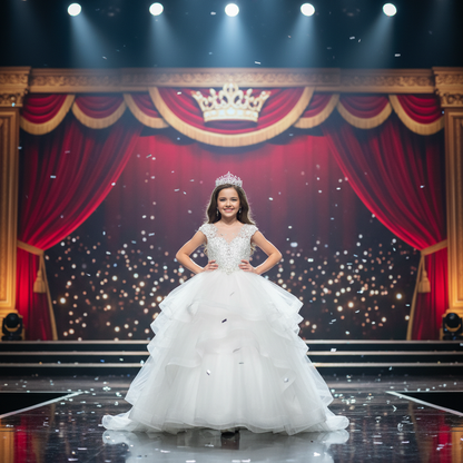 Girl in white princess ball gown on pageant stage with spotlights