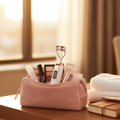 Electric eyelash curler in makeup bag travel ready