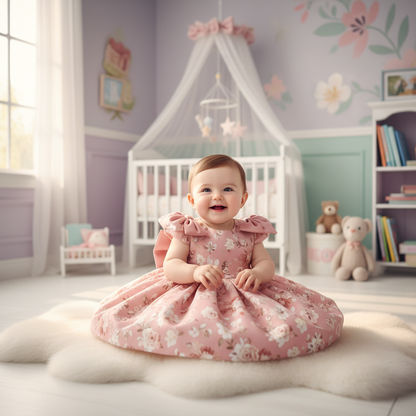 Baby girl in pink floral ball gown on fluffy white rug in nursery