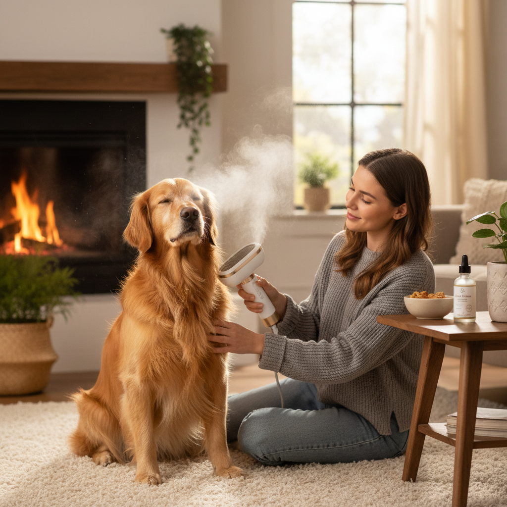 Person using a 3-in-1 electric steam brush with essential oil spray on a golden retriever