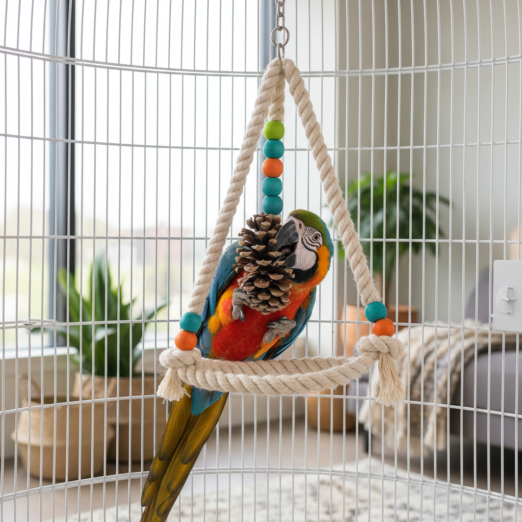 Colorful parrot happily climbing and chewing on natural pine cone hanging swing toy