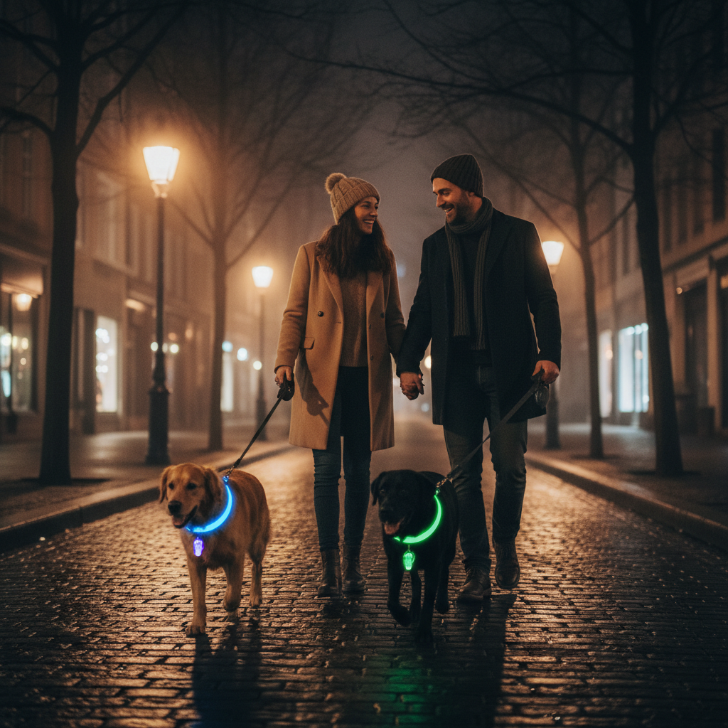 Couple walking two dogs at night with bright LED glowing neon collars