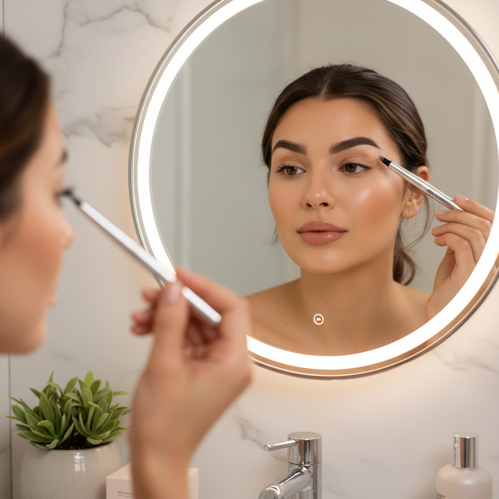 Woman filling in her eyebrows with a 4D microblading eyebrow pencil in front of a mirror