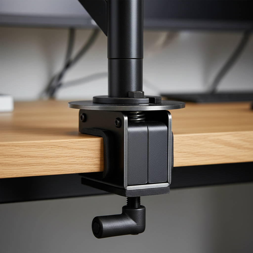 Monitor arm desktop clamp base close-up