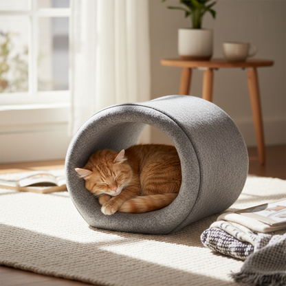 Cute cat curled up sleeping inside cozy donut-shaped felt cat tunnel bed cave