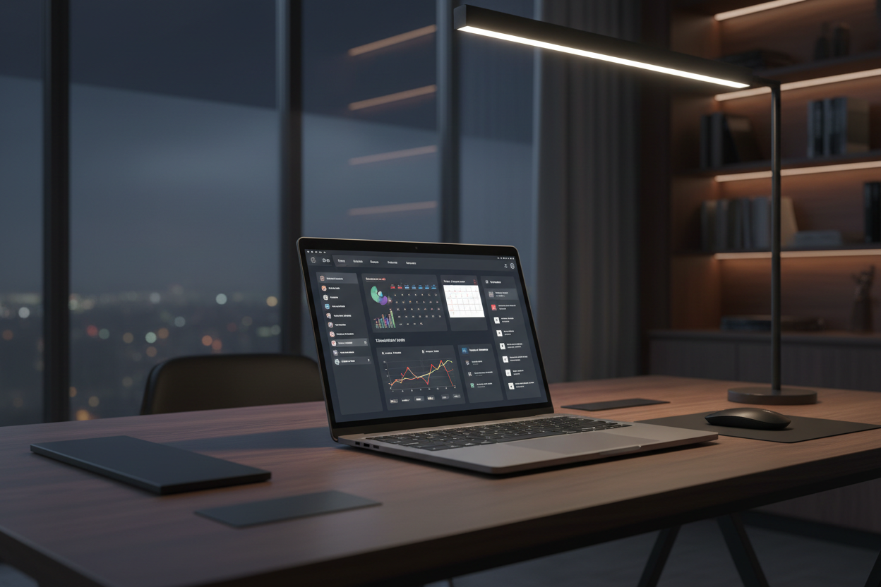 Gray laptop on modern office desk dark luxury aesthetic