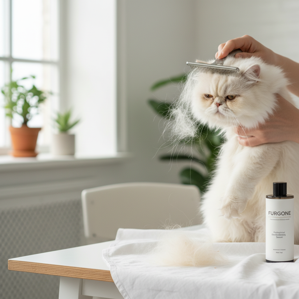 Person using a professional deshedding brush on a long-haired cat
