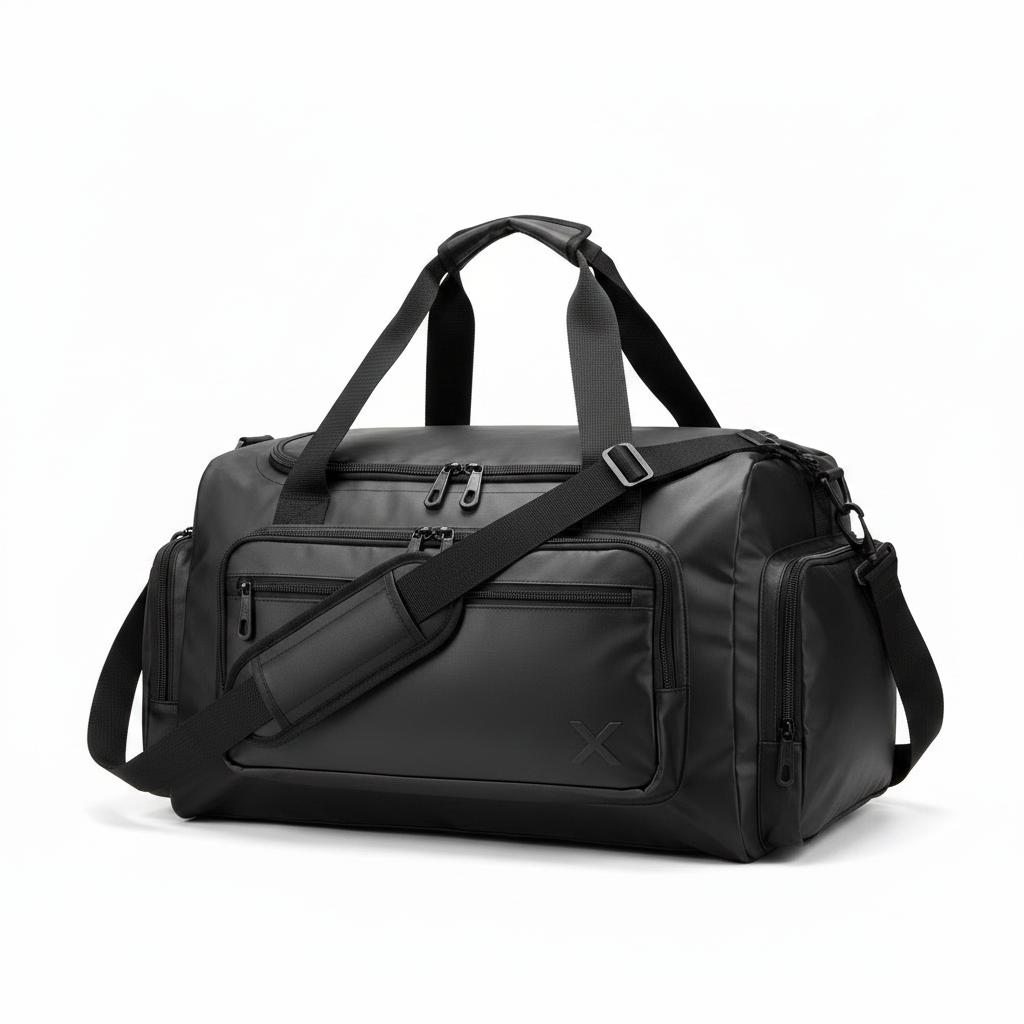 Duffel bag side view with pockets