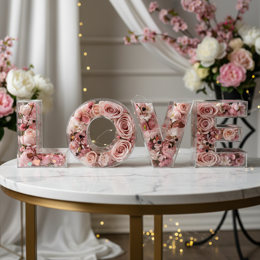 Transparent acrylic LOVE letter boxes filled with pink flowers on marble wedding table