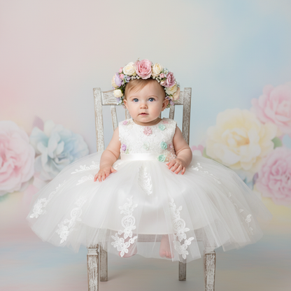 Baby girl in white flower girl gown sitting on vintage chair with flower crown