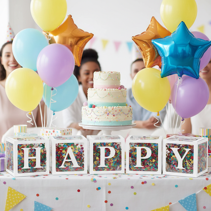 Transparent HAPPY letter boxes with confetti at birthday party table