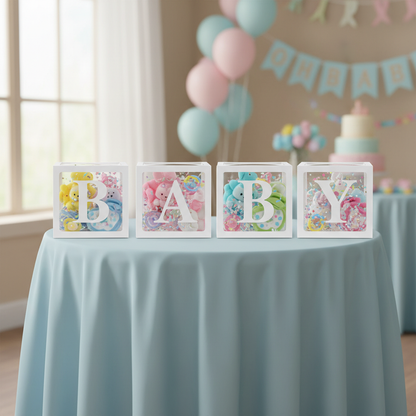 Transparent BABY letter boxes with confetti on pastel blue baby shower table