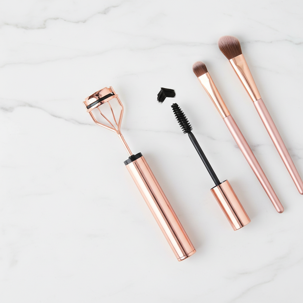 Electric eyelash curler flat lay with makeup products