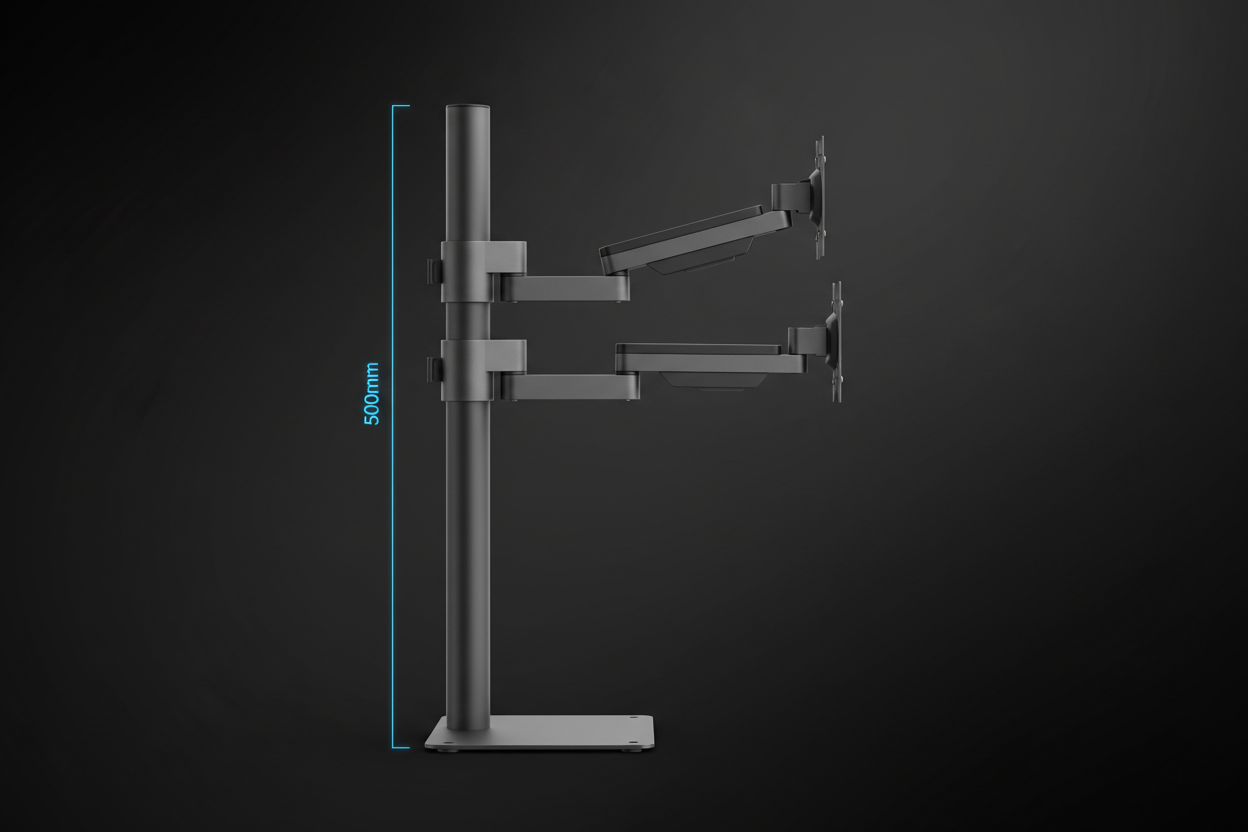 Dual monitor stand side profile showing 500mm column and articulating arms