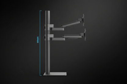 Dual monitor stand side profile showing 500mm column and articulating arms