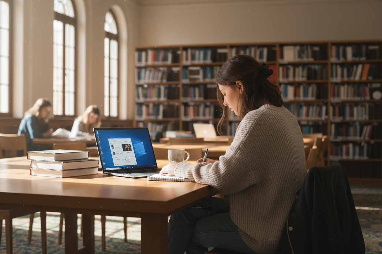 Student using laptop for study at university library