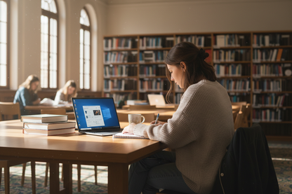 Student using laptop for study at university library