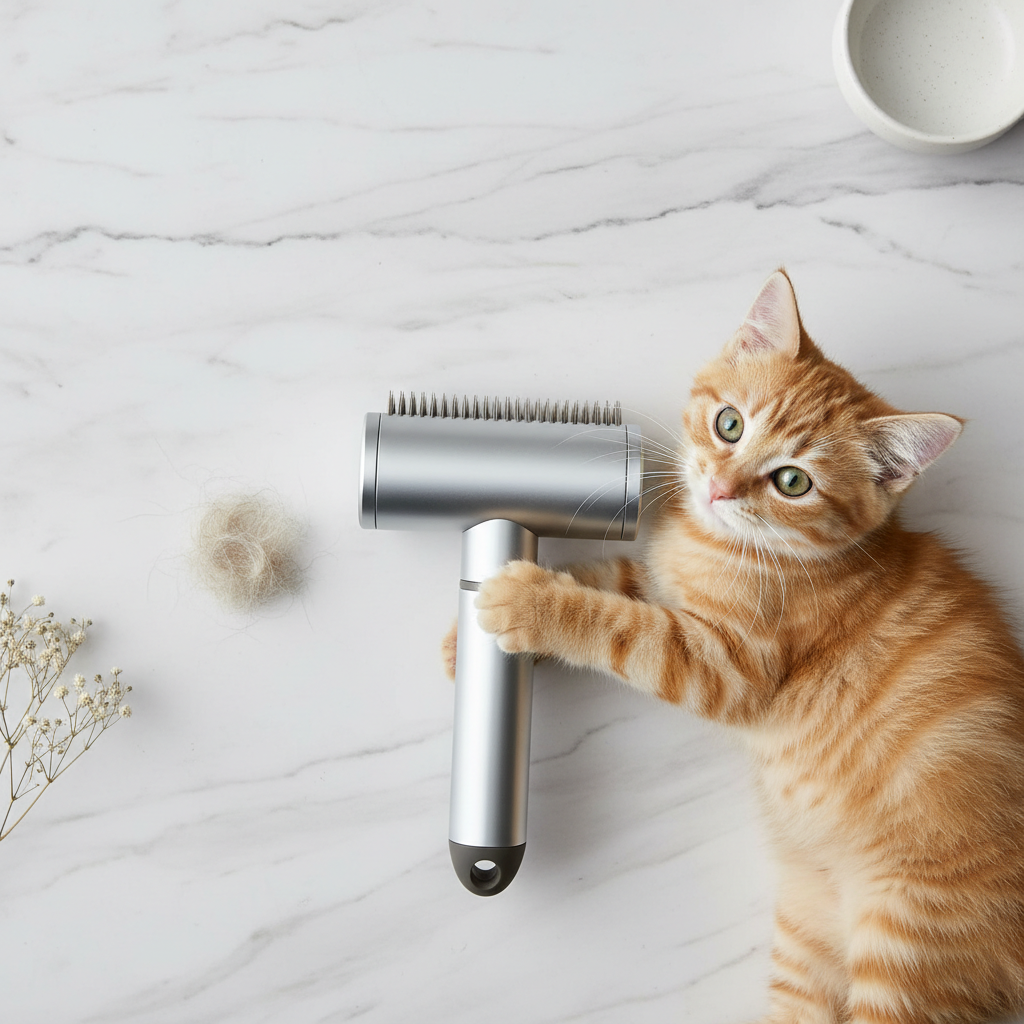 Pet hair remover flat lay with cat