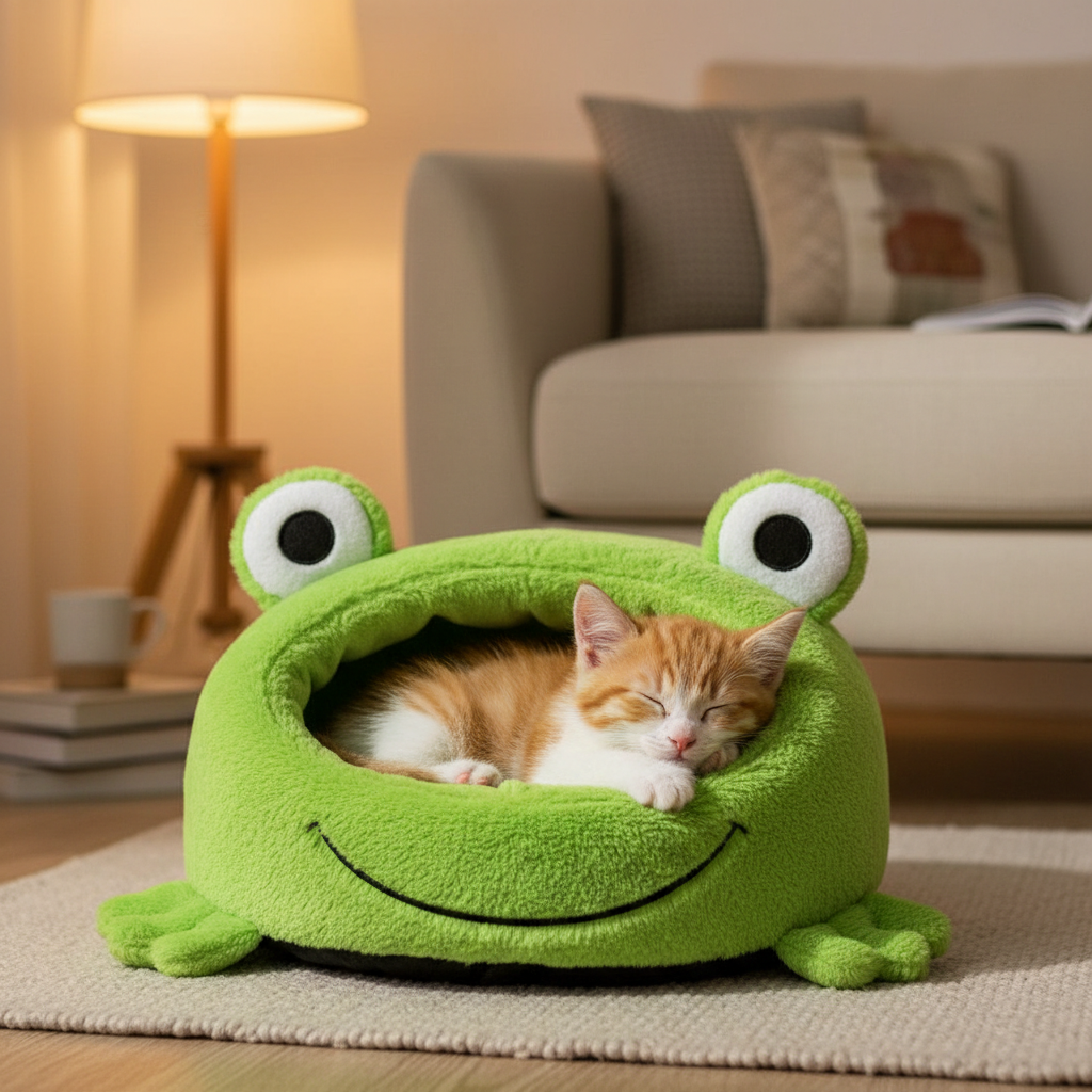 Kitten sleeping inside a cute frog-shaped plush pet nest bed