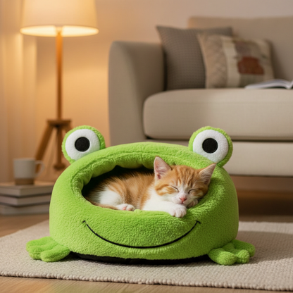 Kitten sleeping inside a cute frog-shaped plush pet nest bed