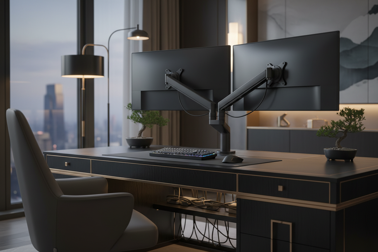 HILLPORT dual monitor arm stand on modern dark luxury desk