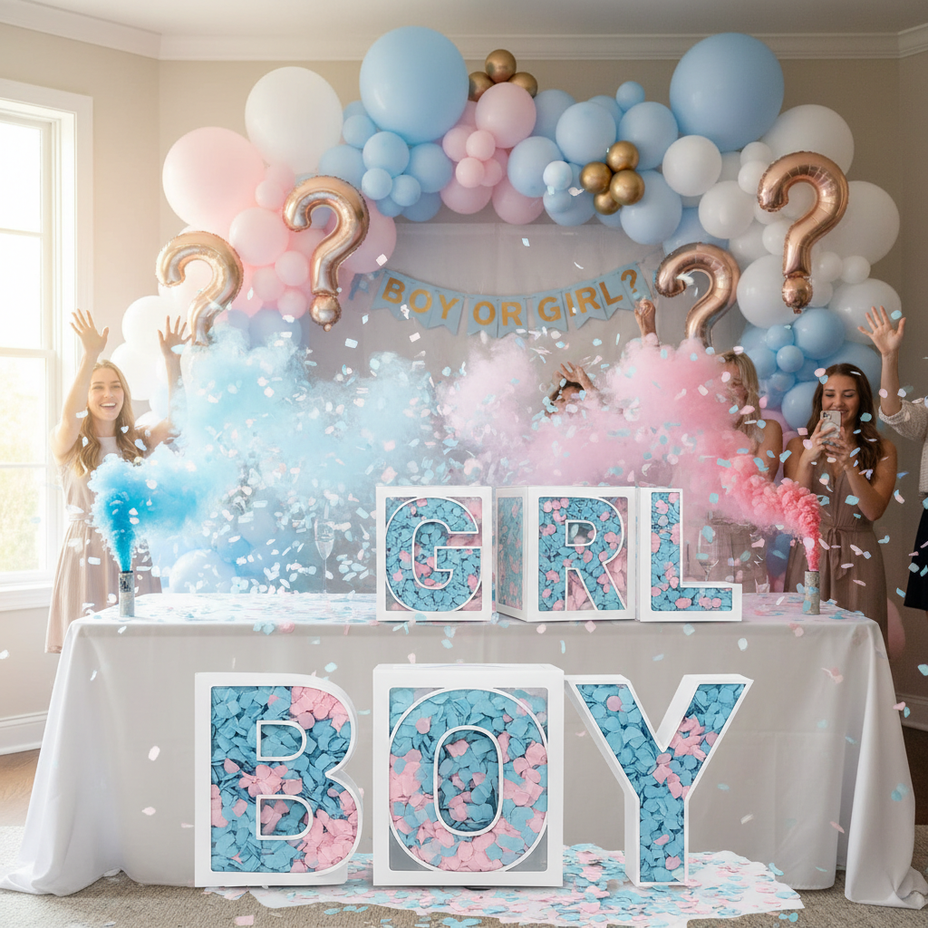 Gender reveal party with transparent letter boxes filled with blue and pink confetti