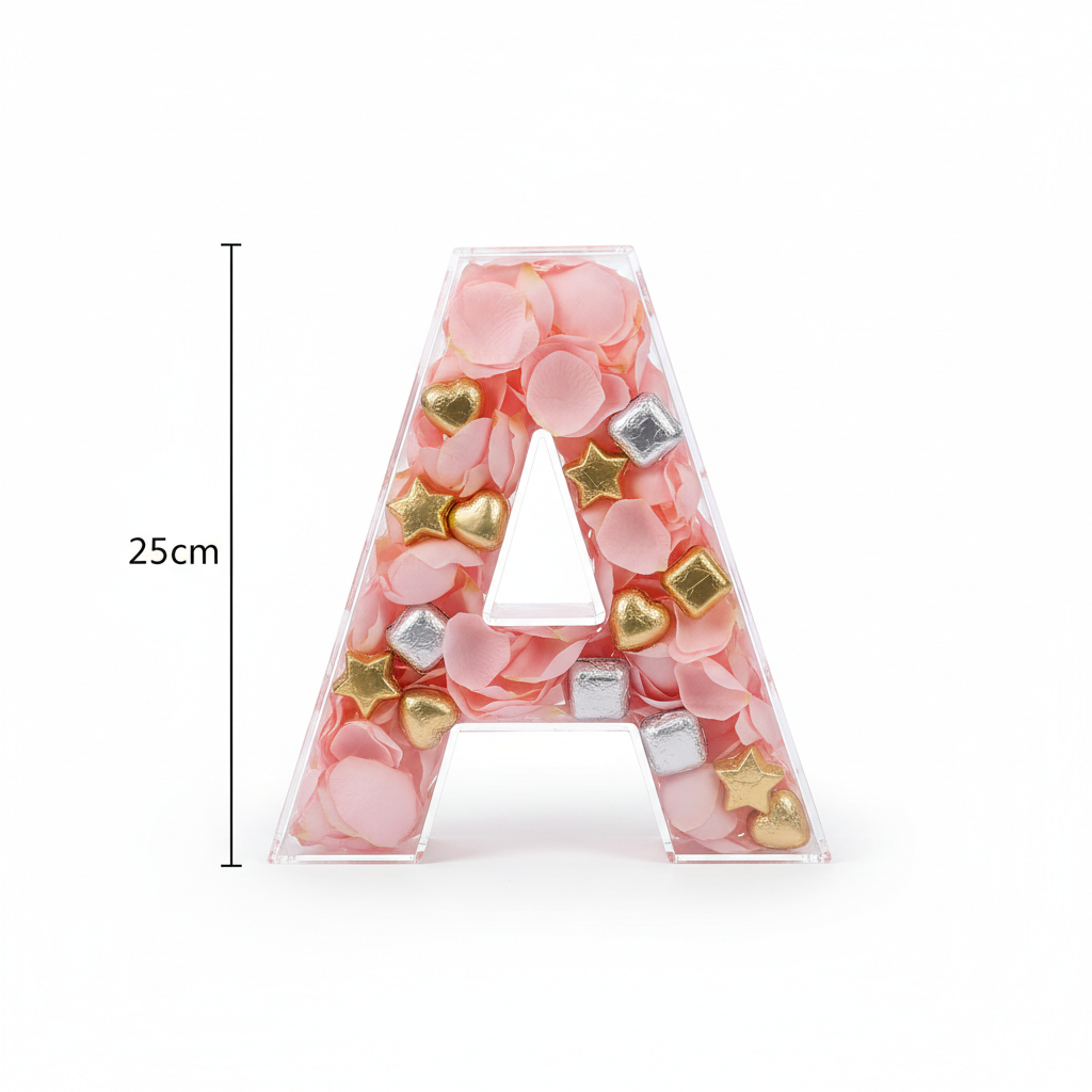 Close-up of single clear 25cm letter A box filled with rose petals and chocolates