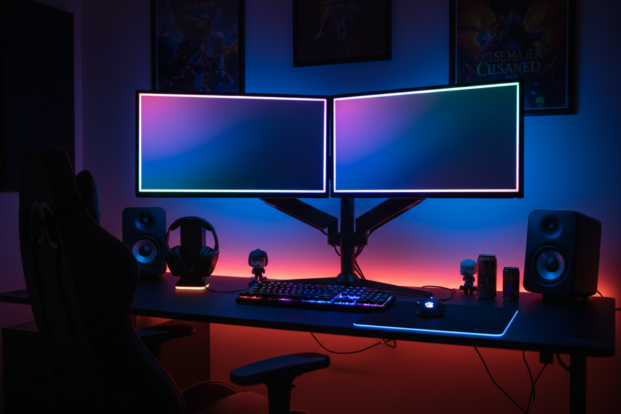 Gaming setup with two monitors on dual stand RGB lighting dark desk