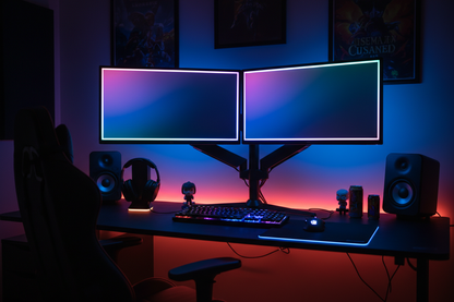 Gaming setup with two monitors on dual stand RGB lighting dark desk