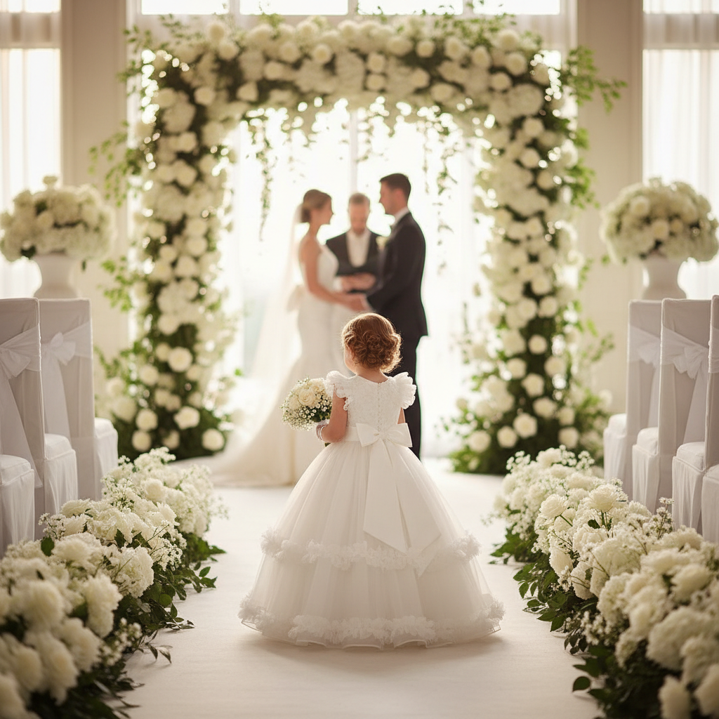 Little girl in white flower girl ball gown at wedding ceremony with floral arch
