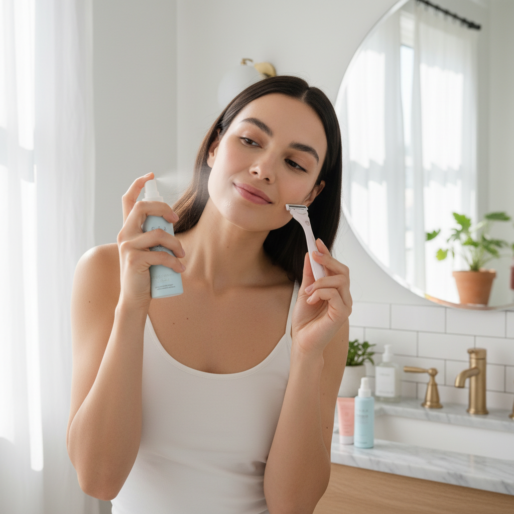 Woman using a dermaplaning hair identifier spray and razor on her face for smooth skin