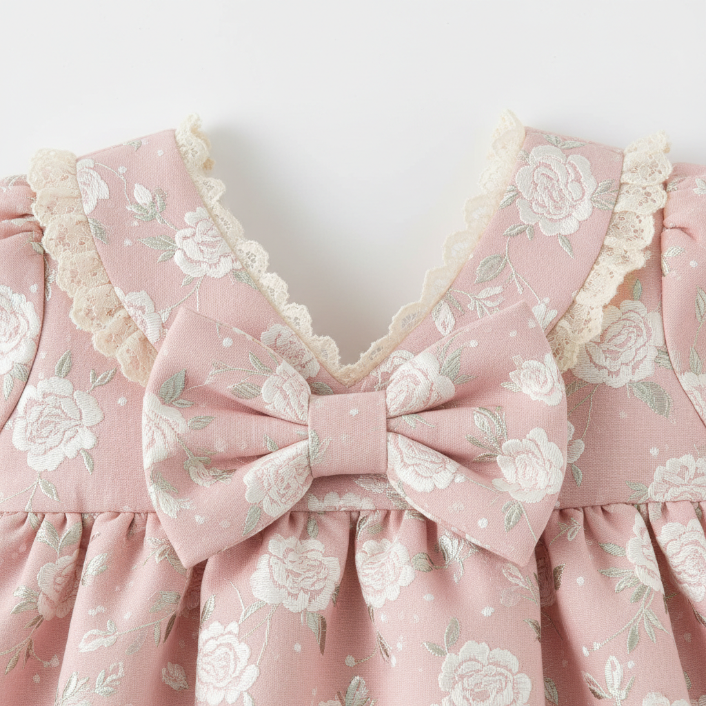 Close-up detail of pink baby girl dress showing floral pattern and bow