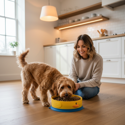 Dog happily eating from duck-shaped puzzle slow feeder bowl