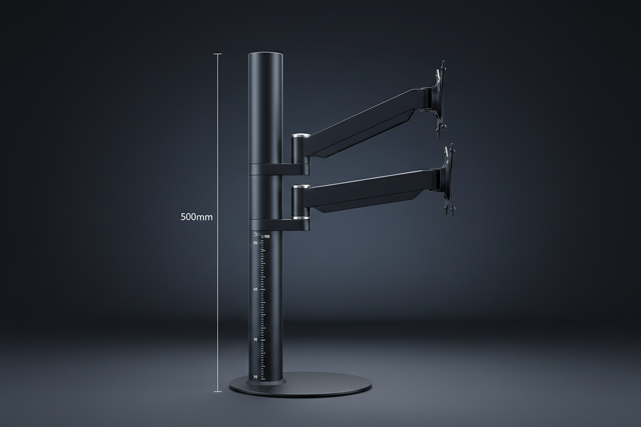 Dual monitor arm stand side view showing 500mm column height
