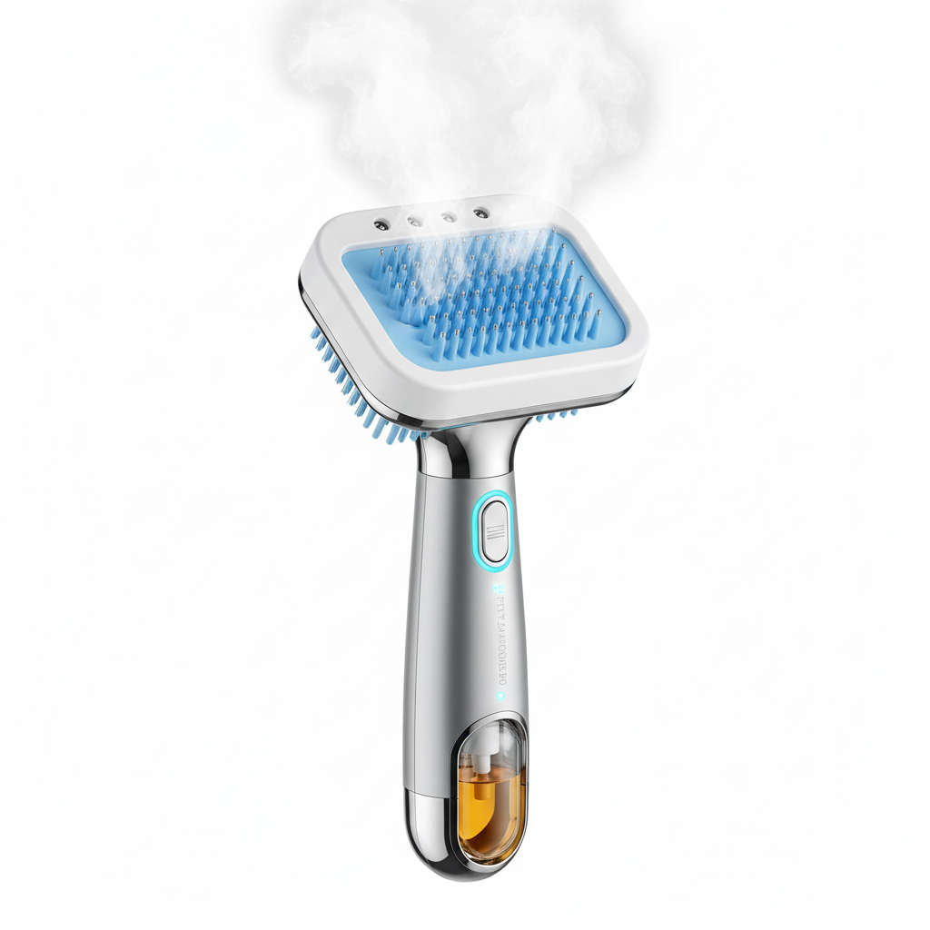 3-in-1 Electric Steam Pet Brush with essential oil spray on white background