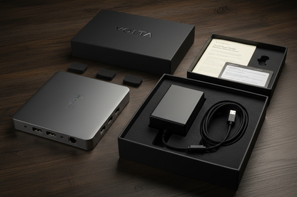 USB-C dock unboxing flat lay on dark wood