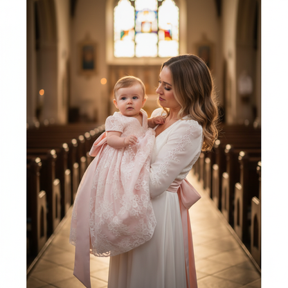 Baby girl in pink baptism gown held by mother at church ceremony
