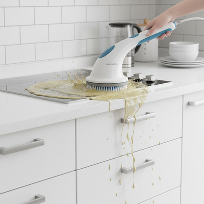 Electric spin scrubber cleaning kitchen stovetop