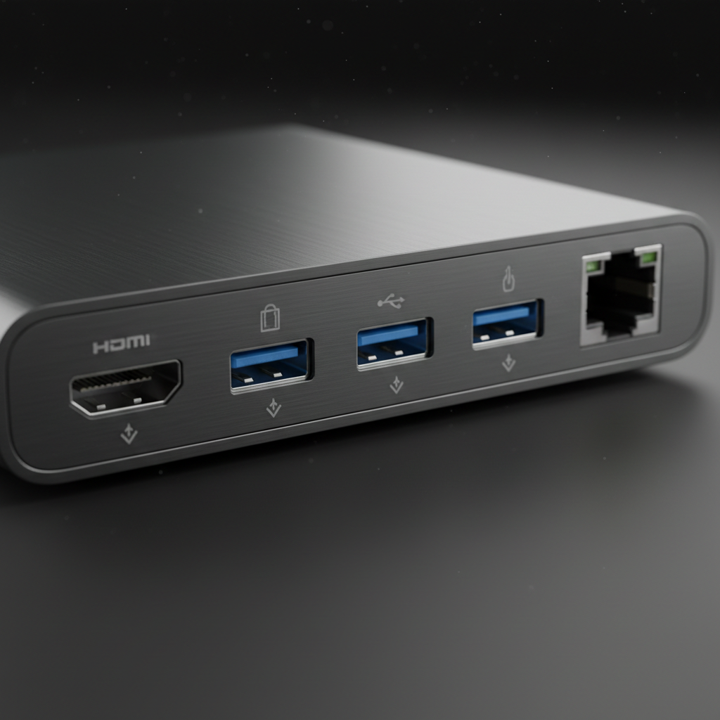 Close-up of USB-C docking station ports and connectors