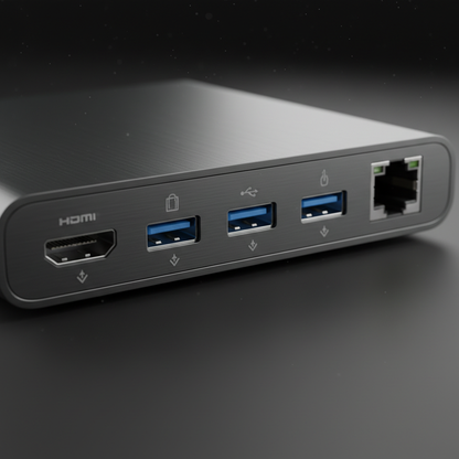 Close-up of USB-C docking station ports and connectors
