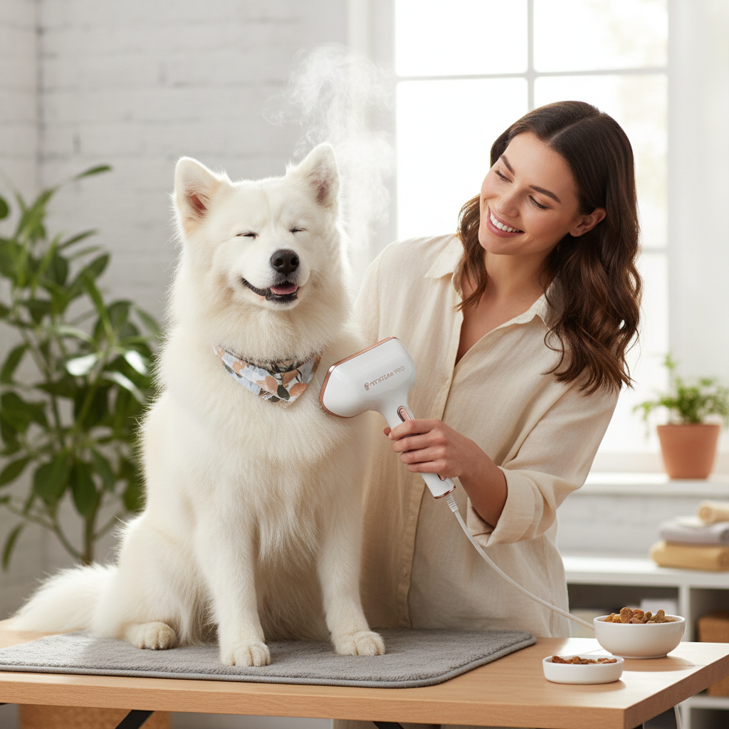 Smiling woman using 3-in-1 electric steam grooming brush on fluffy relaxed dog