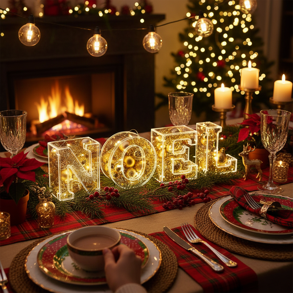 Transparent NOEL letter boxes with gold ornaments for Christmas holiday table