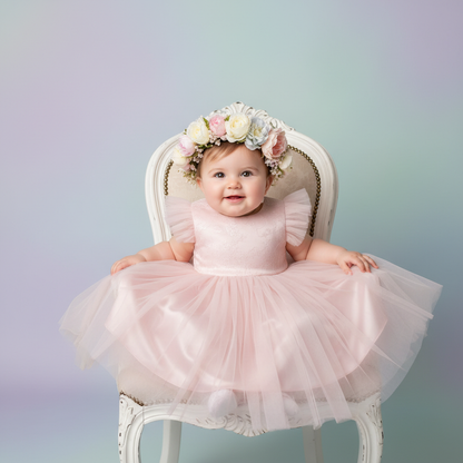 Baby girl in pink princess gown sitting in vintage chair with flower crown